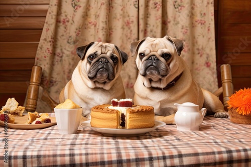 Birthday Pugs Photo: Adorable Pugs Enjoying a Dog-Friendly Cake, generative AI © Michael
