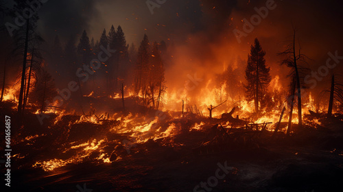 Forest on fire due to deforestation and global warming, ozone layer hole