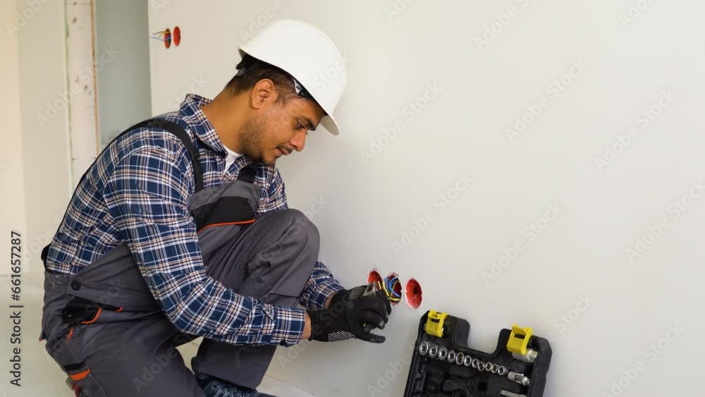 Indian electrician at work, installation of sockets and switches. Professional in overalls with an electrician's tool Indian electrician at work, installation of sockets and switches. Professional in overalls with an electrician's tool