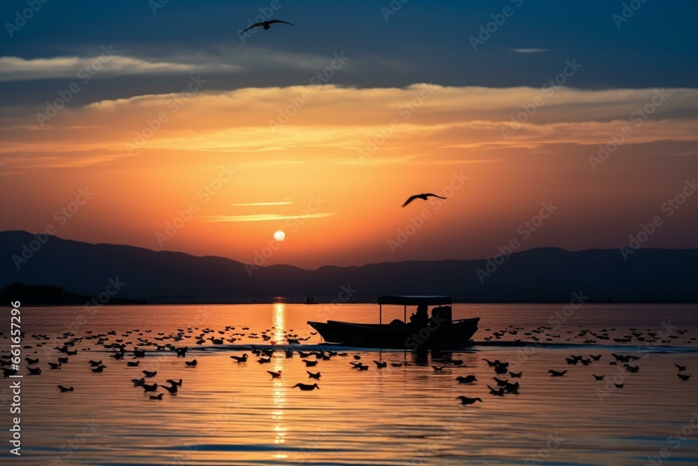 Silhouette of birds flying over the lake with a blue boat at sunset. Generative AI