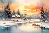 A festive winter scene with a watercolor background. Generative AI
