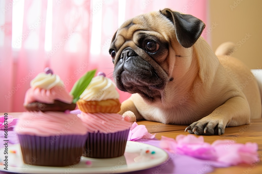 Happy Birthday Pug Pictures: Pug Blowing Out Candles on a Dog-Friendly Cake, generative AI