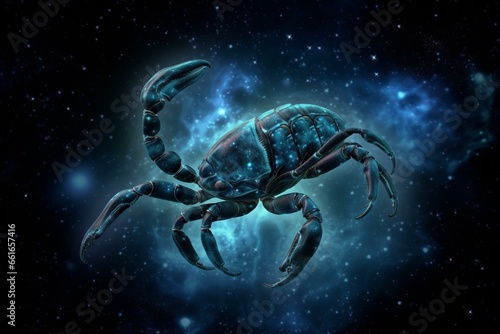 Scorpio: scorpion symbol, picture, horoscope, stars, nebula; blue astrological concept. Generative AI