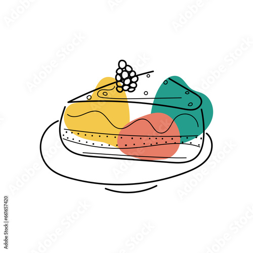 Piece of cake with blackberry on plate in line art style with colorful green-red-yellow inserts on white background. Cute hand-drawn vector illustration	