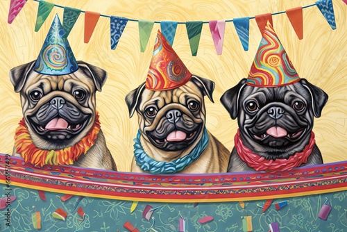 Happy Birthday Pugs Banner: Trio of Party-Hat-Clad Pugs Brings Joyful Celebrations, generative AI