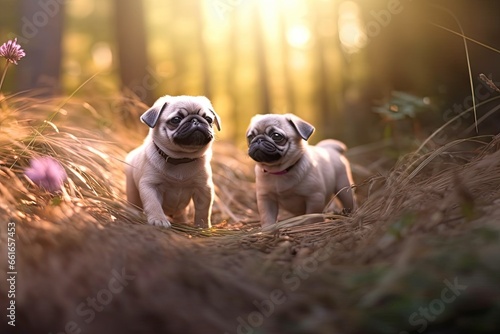 Little Pugs Exploring Surroundings: Adorable Photo of Curious Pugs Discovering the World, generative AI