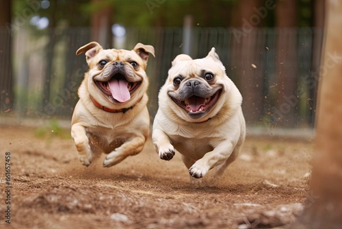 Playful Pugs at the Dog Park: Captivating Photos of Pugs Enjoying Playtime, generative AI