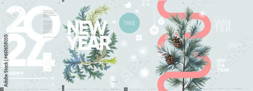 Merry Christmas and happy new year. 2024. Modern minimalistic Christmas banner. Vector illustration with elements of typography.