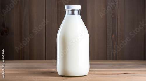 Gallon Milk Bottle Mockup on Wooden Surface, Standing Upright, Filled with Milk, No Label - Generative AI