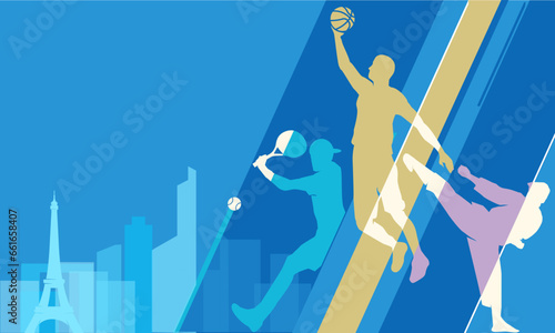 Great editable vector file of international multisport festival player silhouette in the front of paris skyline with classy and unique style best for your digital design and print mockup