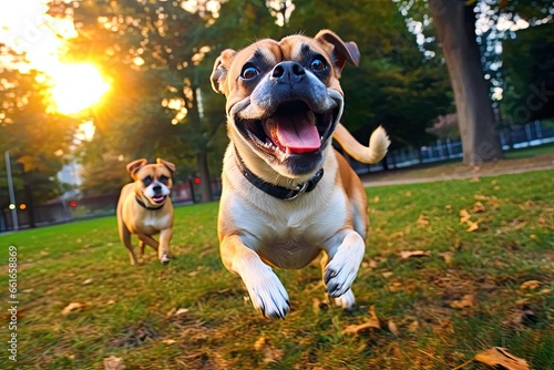 Pugle Playing Catch in the Park: Adorable Pugle Pictures of a Pug and Beagle Mix Having Fun, generative AI