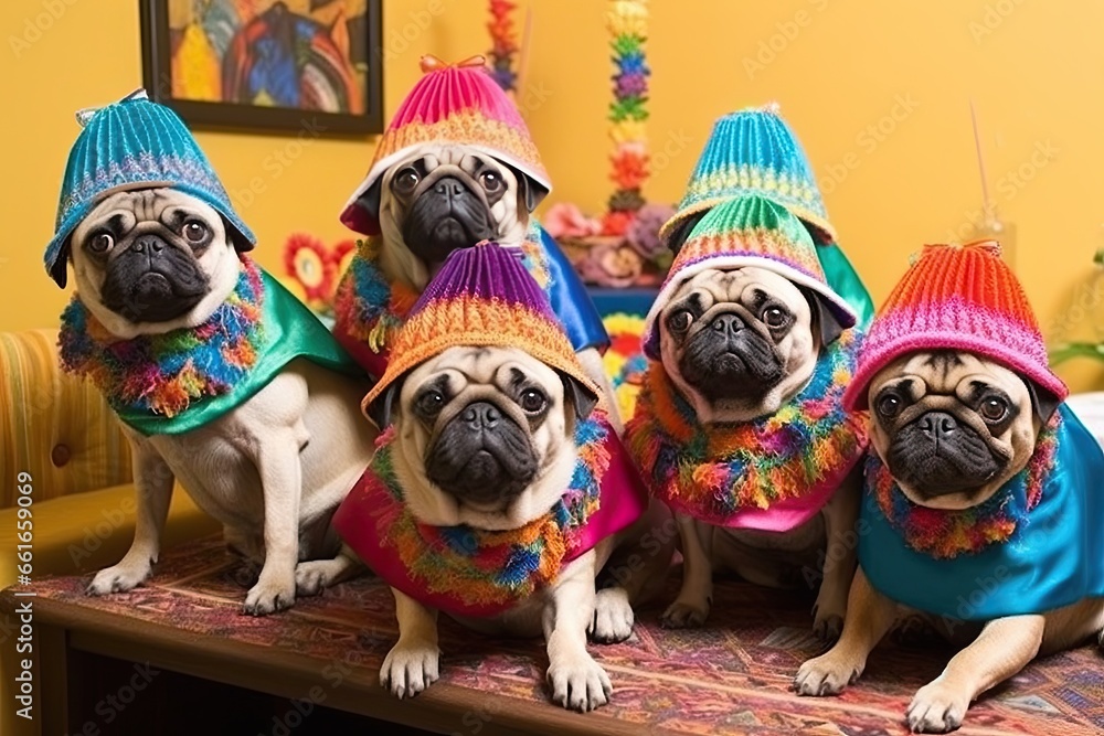 Pugs' Happy Birthday Party with Adorable Tiny Party Hats: Celebrate in Style!, generative AI
