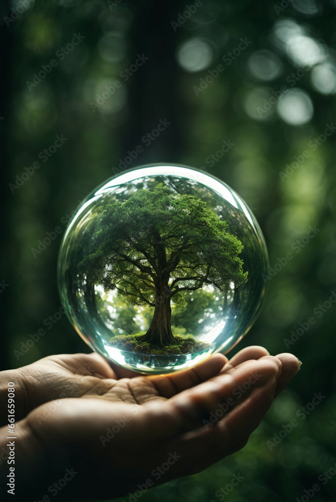 hands holding a globe with tree inside, green background with natural sunlight, concept of caring for the environment, nature and sustainability, ESG criteria and climate change awareness.