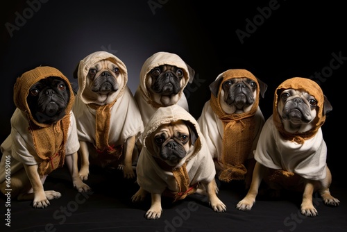 Pugs Halloween: Classic Horror Movie Characters � A Spooky Group of Pugs Dressed in Costume, generative AI