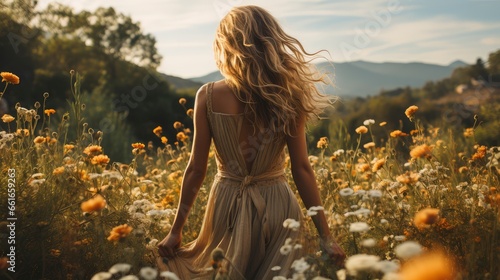 Blonde woman amidst vibrant flowers under a blue sky, capturing nature's beauty and ethereal elegance.