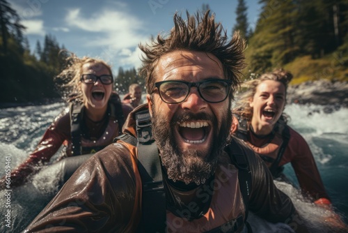 An immersive photograph of a group of friends on a river rafting adventure, navigating challenging rapids and sharing hearty laughter, capturing the camaraderie and excitement of outdoor water sports © Hunman