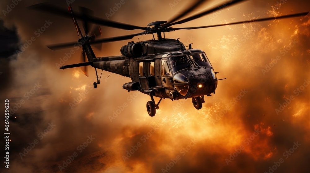 A military helicopter flies through fire and smoke. A military helicopter flies through fire and smoke.