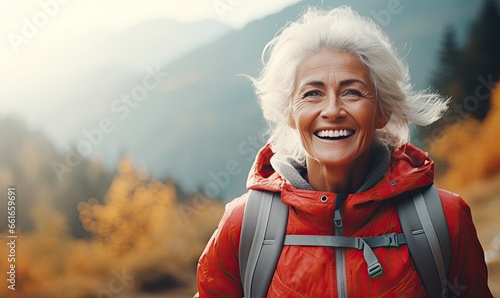 Attractive mature senior woman on hiking.