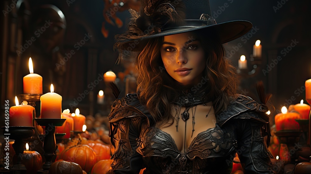 Image of a magician woman dressed as a witch, complete with Halloween makeup. Image of a magician woman dressed as a witch, complete with Halloween makeup.