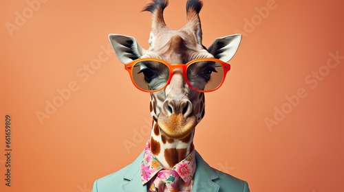 Image featuring a stylish giraffe wearing clothes against a soft pastel background. © kept