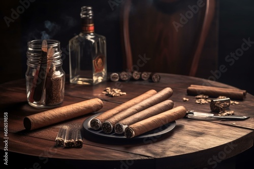 wooden table with brown cigars. Generative AI
