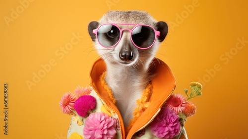Image of a meerkat in fashionable clothing set against a pastel background.