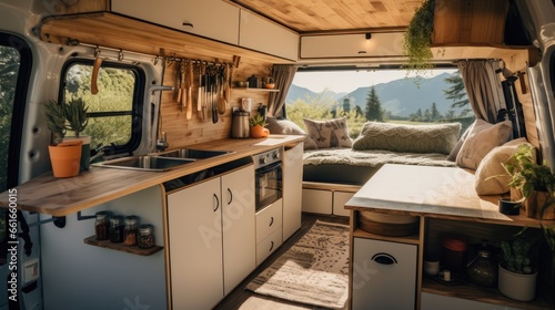 Image of kitchen interior inside a van. photo