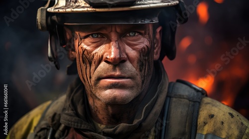 Image of portrait of a tired fireman.