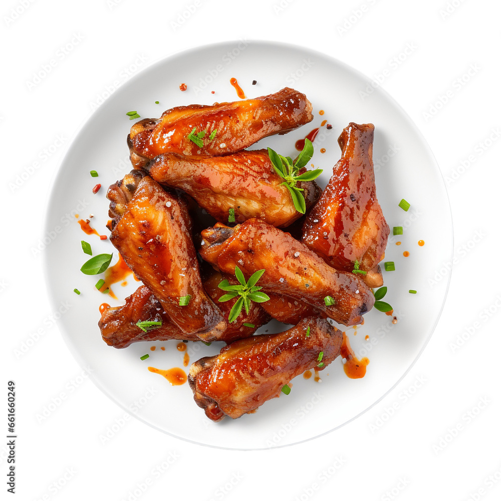 chicken wings in sauce with greens isolated on white background, ai generated