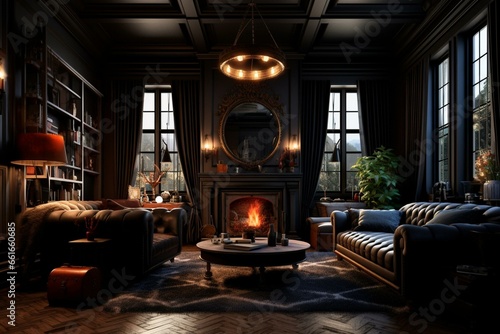 Cozy home design with a traditional dark interior featuring a roaring fireplace. Created through 3D rendering. Generative AI