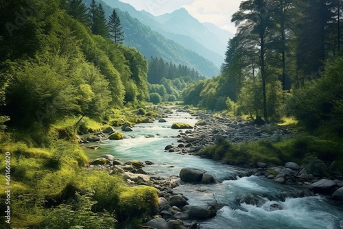 Scenic view of a river flowing through a lush forest surrounded by mountains. Generative AI photo