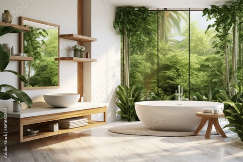 Luxurious, contemporary interior design, featuring white walls, elegant furniture, and abundant houseplants. 3D-rendered bathroom. Generative AI