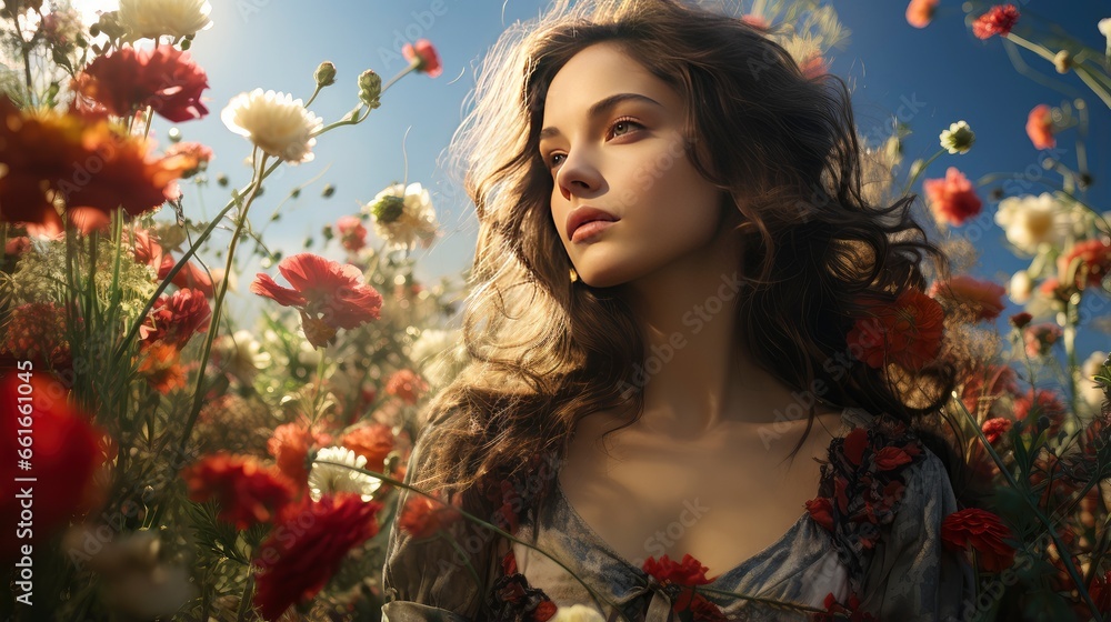 Naklejka premium Blonde woman amidst vibrant flowers under a blue sky, capturing nature's beauty and ethereal elegance.