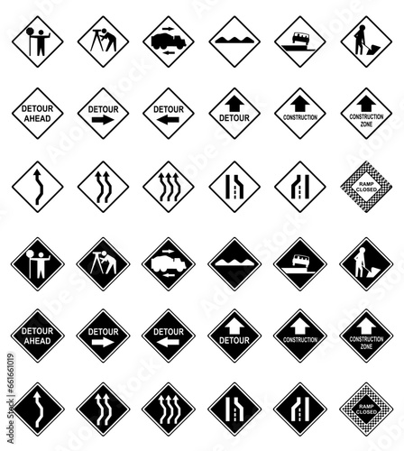 Collection of scalable, vector road construction sign icons.