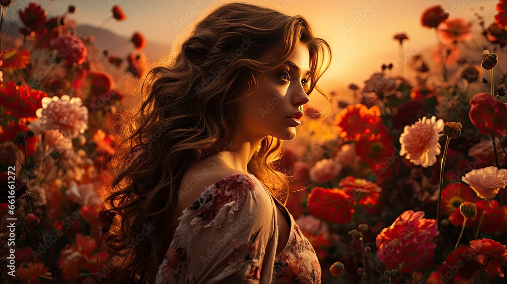 Naklejka premium Blonde woman amidst vibrant flowers under a blue sky, capturing nature's beauty and ethereal elegance.