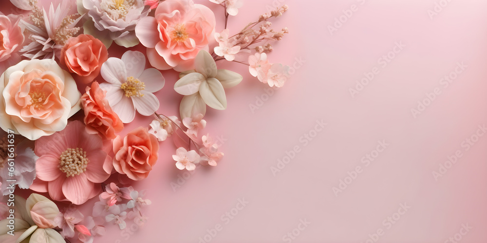 plain color background with paper flowers and copy space for Birthday, Mother's Day, Women's Day, greeting poster blank plain color background with paper flowers and copy space for Birthday, Mother's Day, Women's Day, greeting poster blank