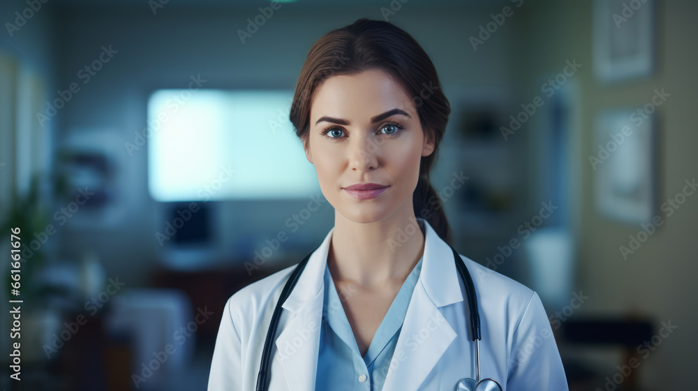 Young attractive Doctor woman standing in hospital. Concept of healthcare and medical treatment. Med Insurance. Copy space. Ai generative Young attractive Doctor woman standing in hospital. Concept of healthcare and medical treatment. Med Insurance. Copy space. Ai generative