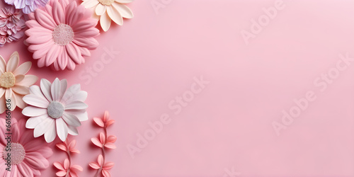 plain color background with paper flowers and copy space for Birthday, Mother's Day, Women's Day, greeting poster blank