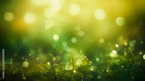 blurred greenery background with dew drops and sunny bokeh with copy space