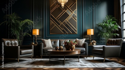 Art deco living room with sleek, geometric patterns 