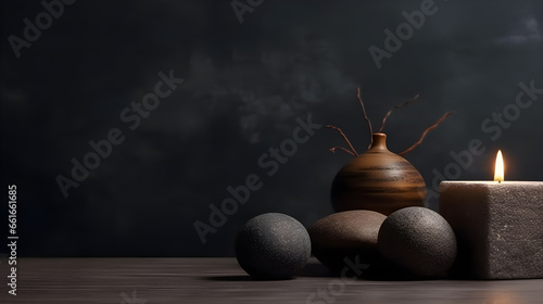dark candles and plants - dark background with copy space in the style of advertising spa and zen comprehension