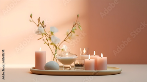 light candles and pink plants - light orange background with copy space in spa and self care advertising style