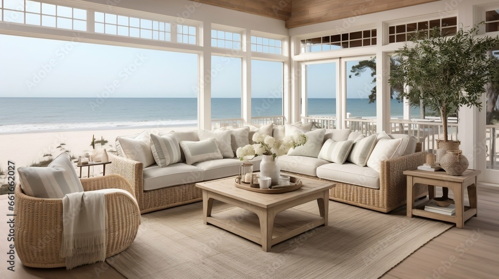 Coastal living room with nautical decor and ocean views
