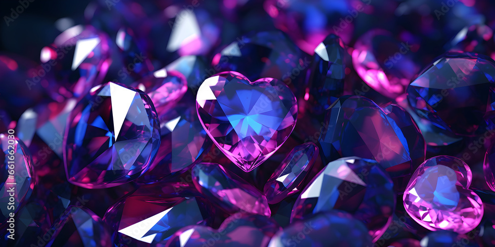 background of purple faceted crystals in the shape of hearts