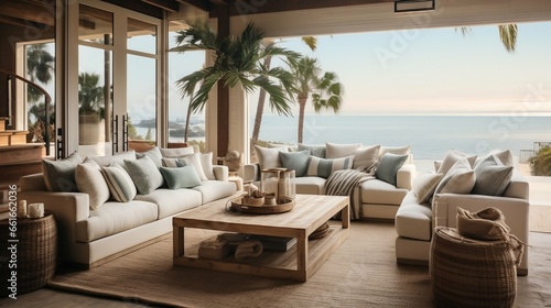 Coastal living room with nautical decor and ocean views  © Halim Karya Art