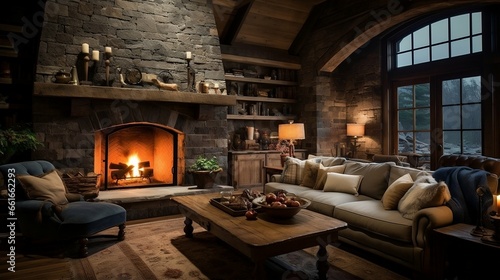 Country-style living room with a warm, inviting hearth 