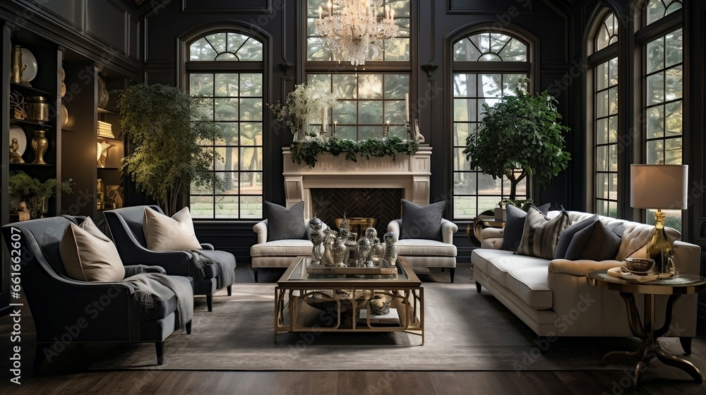 Naklejka premium Elegant living room adorned with crystal chandeliers and drapes