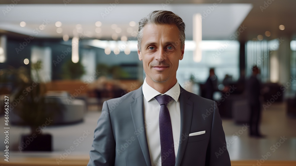 Portrait of a confident male bank manager, standing inside a modern bank lobby Banking Portrait of a confident male bank manager, standing inside a modern bank lobby Banking