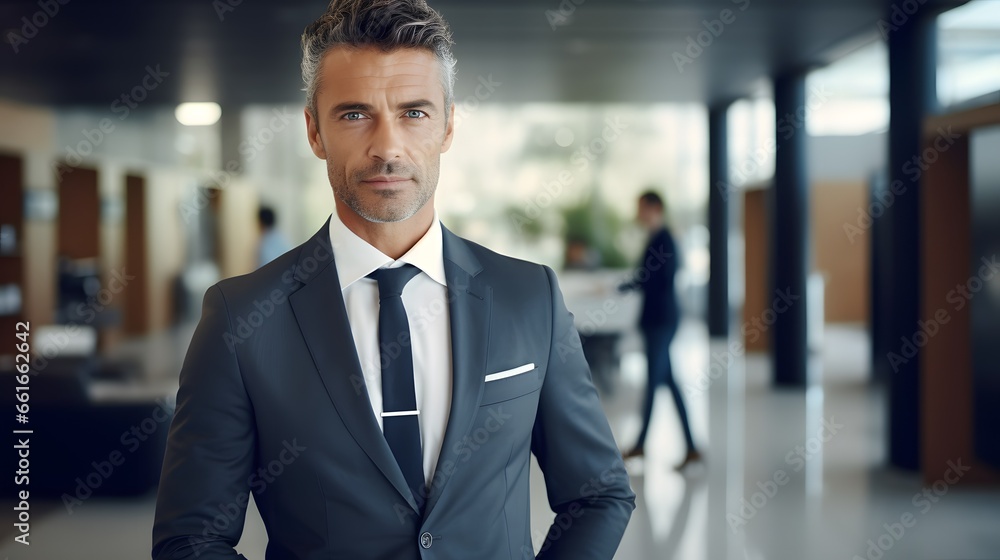 Portrait of a confident male bank manager, standing inside a modern bank lobby Banking