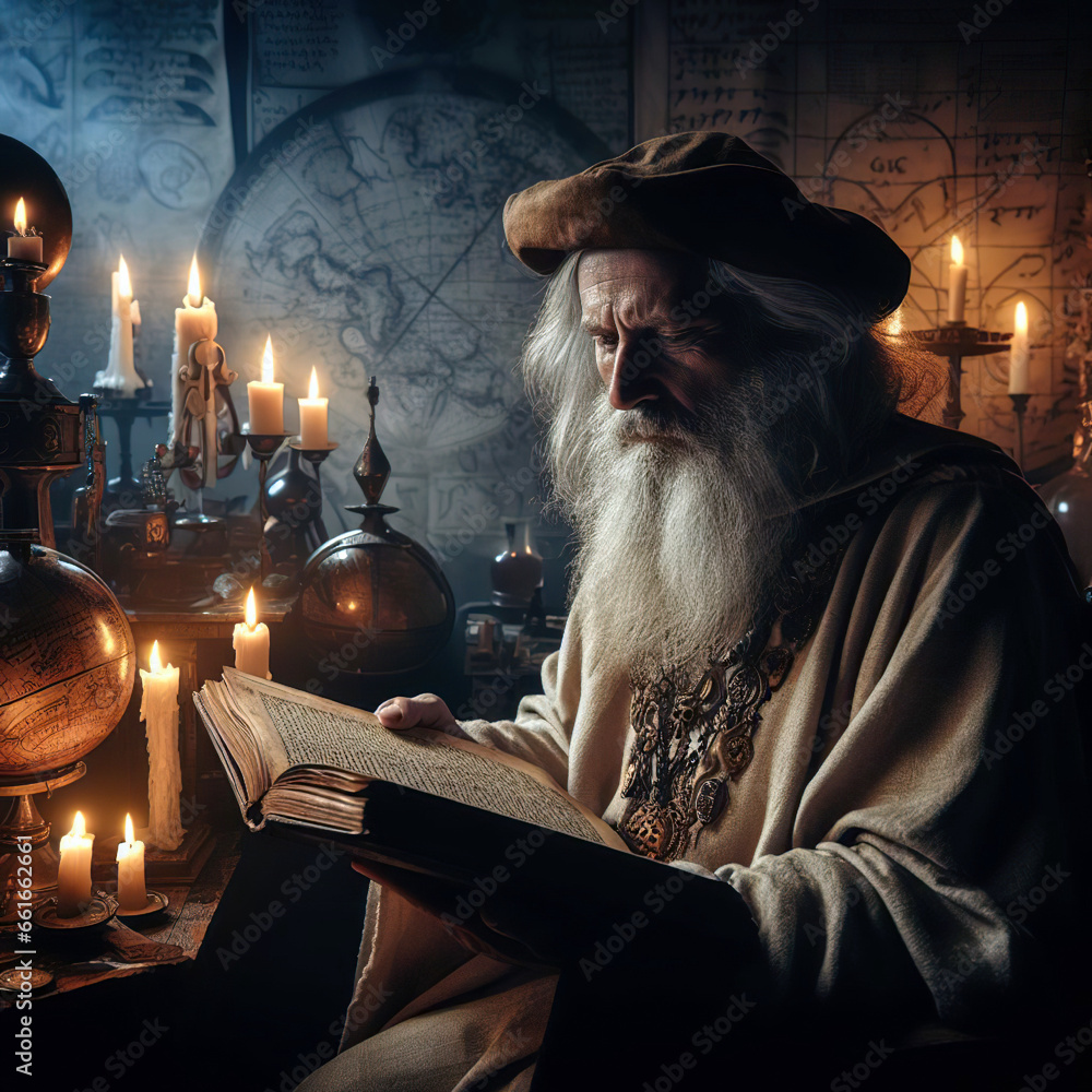 Nostradamus in his laboratory reading a mystery book. - obrazy, fototapety, plakaty 